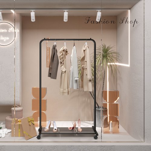 SONGMICS Clothes Rack with Wheels, Clothing Rack for Hanging Clothes, 25.4 mm Metal Garment Rack with Dense Mesh Storage Shelf, 110 lb Load Capacity, 2 Brakes, Black UHSR25BK