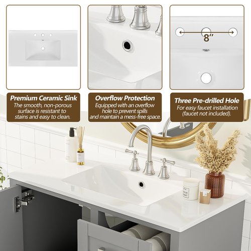 Mirightone 36" Bathroom Vanity with Sink, Bathroom Vanities 36 Inch with Sink, 36 Bathroom Vanity with Top Including 3 Drawers and 1 Soft Closing Door, Vanity with Sink for Bathroom (Grey)