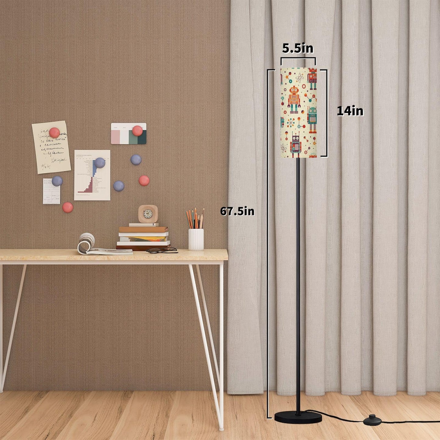 Modern Standing Lamps Vintage robots retro tin toys pattern Classic old school mechanical Floor Lamp Metal Pole Lamp with Linen Lampshade for Bedroom Living Room Office Nursery Reading Foot Switch
