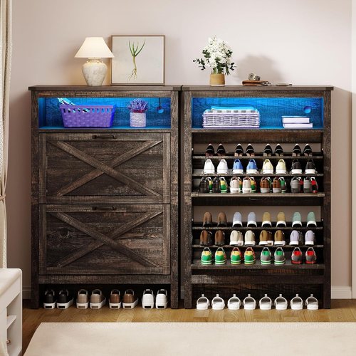 YITAHOME Shoe Cabinet, Entryway Shoe Storage Cabinets with Open Shelves and Led Light, Free Standing Hidden Shoe Rack Organizer with 2 Flip Drawers for Entryway/Hallway/Closet, Dark Rustic Oak