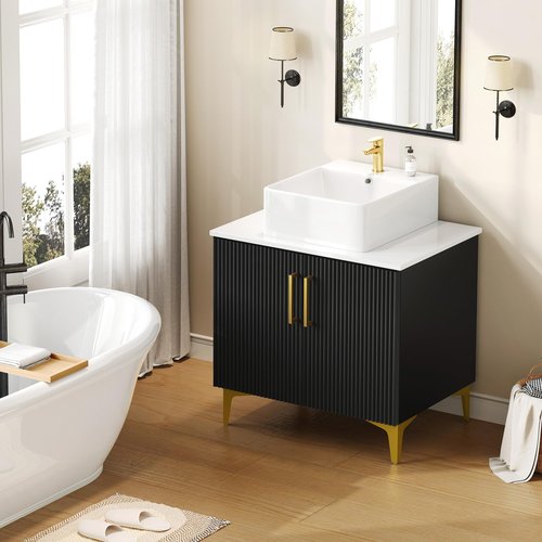 YITAHOME 30 Inch Bathroom Vanity with Vacuum Forming, Freestanding Storage Cabinet Vanity with Engineered White Stone Countertop, 2 Large Soft Closing Doors with Shelf, Gold Handles & Legs, Black