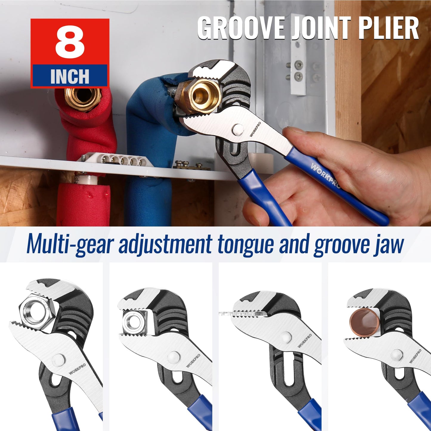 WORKPRO Pliers Set, 3-Piece Plier Tool Set with Soft Handle, 6" Needle Nose, 6" Slip Joint, 8" Groove Joint Plier for DIY & Home Use