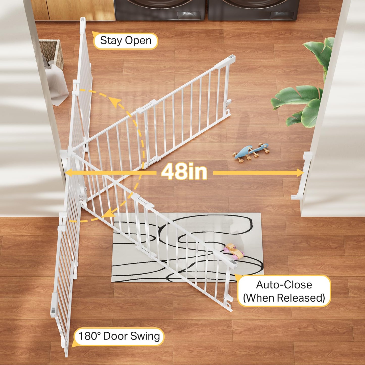 Cumbor Expandable 31.6-48" Baby Gate for Stairs, Hardware Mounted, 2-in-1 No Bottom Bar Dog Gate Indoor, Auto Close Pet Gate for Doorways with Large Walk Thru Door, Child-Proof Gate for Kids (White)