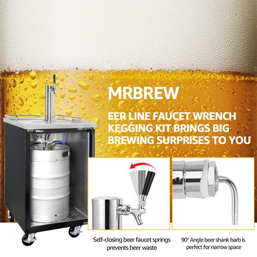 MRbrew Beer Line Shank Faucet Kit, Stainless Core Self-Closing Beer Tap with 3/16'' liquid hose & 1/4" Barb, Kegerator Tower Replacement Set for Draft Beer Dispenser - Include Tap Wrench & Hose Clamps
