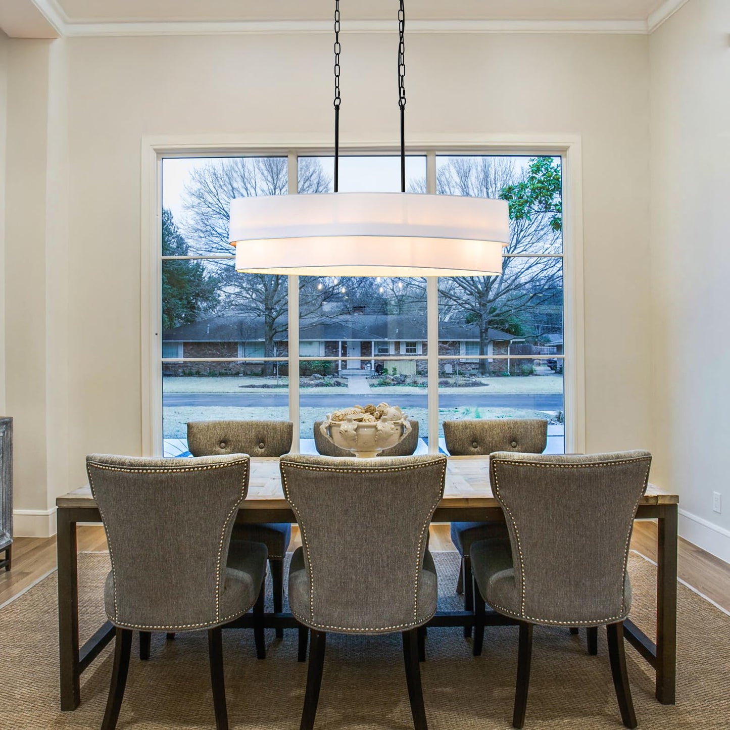 DWLGIGH 33.4" Modern Dining Room Chandelier, 4-Light Linear Chandelier with White Double Oval Linen Shade Large Hanging Pendant Light for Over Table Entryway Foyer Kitchen Island Light Fixture, E26