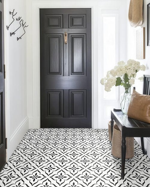 MORCART Peel and Stick Floor Tile - Vinyl Flooring Self Adhesive DIY: Square White+Black Flowers 7.87" x 7.87" 20 PCS, Waterproof and Removable Tile Sticker for Kitchen, Bathroom, Staircase FT-1626