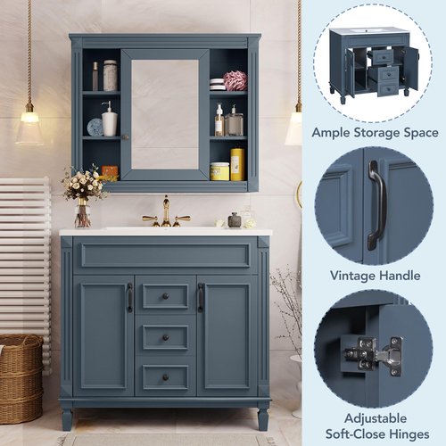 Merax 36” Bathroom Vanity with Sink, Freestanding Single Bathroom Sink Vanity Cabinet Set with 36” Countertop & Integrated Sink, 2 Doors & 2 Drawers (Sink Cabinet Only, Blue)
