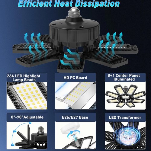 LAMLAMCK Garage Light 2 Pack - 240W 24000LM 6500K Garage Lights Ceiling LED with 8+1 Deformable Panels, E26/E27 Screw Socket in LED Shop Light for Workshop, Basement, Gym, Warehouse Bay Lighting