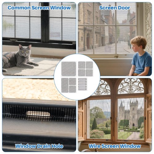 MAQIHAN 16Sheets Window Screen Repair Kit - Black Self-Adhesive Screen Patch Repair Kit, 4 Sizes Patches Mesh Tape for Mesh Screens Door, Window Drain Holes, Strong Adhesion Easy to Use