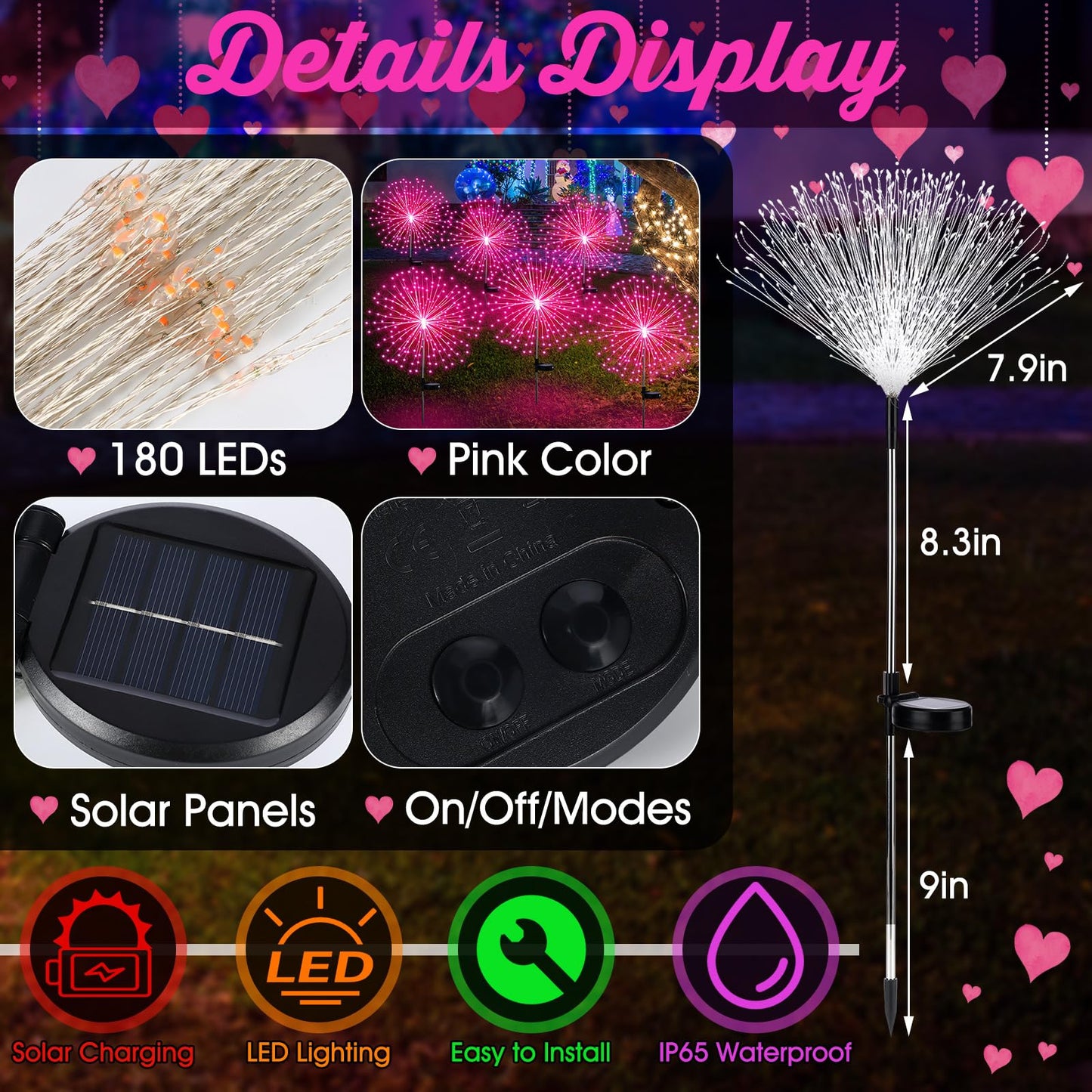 Tujoe 6 Pack Pink Solar Firework Lights 180 LED 8 Lighting Modes Waterproof Outdoor Decorative Solar Lights for Wedding Valentine Birthday Garden Patio Yard Pathway Walkway Lawn Decor