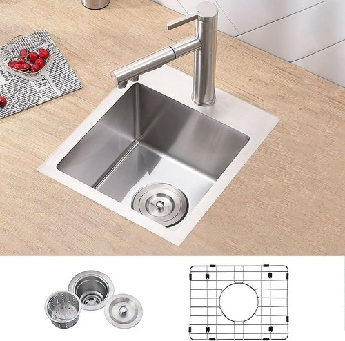 VCCUCINE Drop in Bar Sink, 15x15 Inch Topmount RV Small Kitchen Sink, Handmade Stainless Steel Wet Bar Sink, Outdoor Single Bowl, Brushed Nickel Prep Sink with Accessories