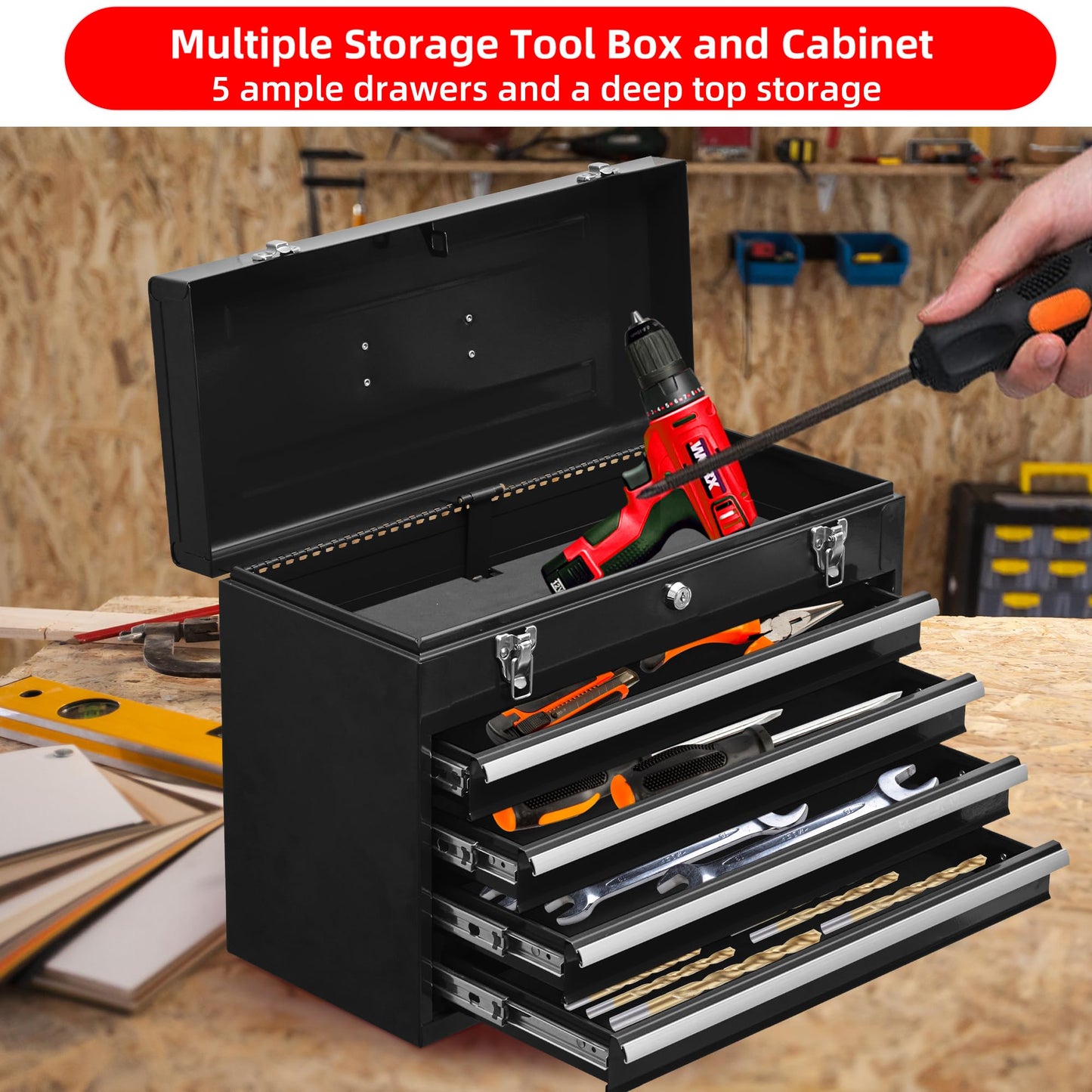 lunhung 4 Drawers Metal Tool Box Portable Steel Tool Chest with Metal Latch Closure & Key Lock, 20" Portable Drawer Toolbox Storage Tray Toolbox with Handle (4 Drawers - Black)