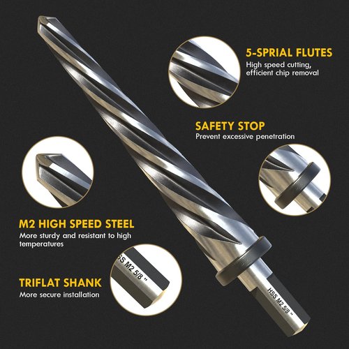 MACXCOIP 3/4" Bridge Construction Reamer, M2 HSS Taper Chucking Reamer Drill Bit with 5-Spiral Flutes Design for Steel, Alloy, Aluminum, Wood and Plastic