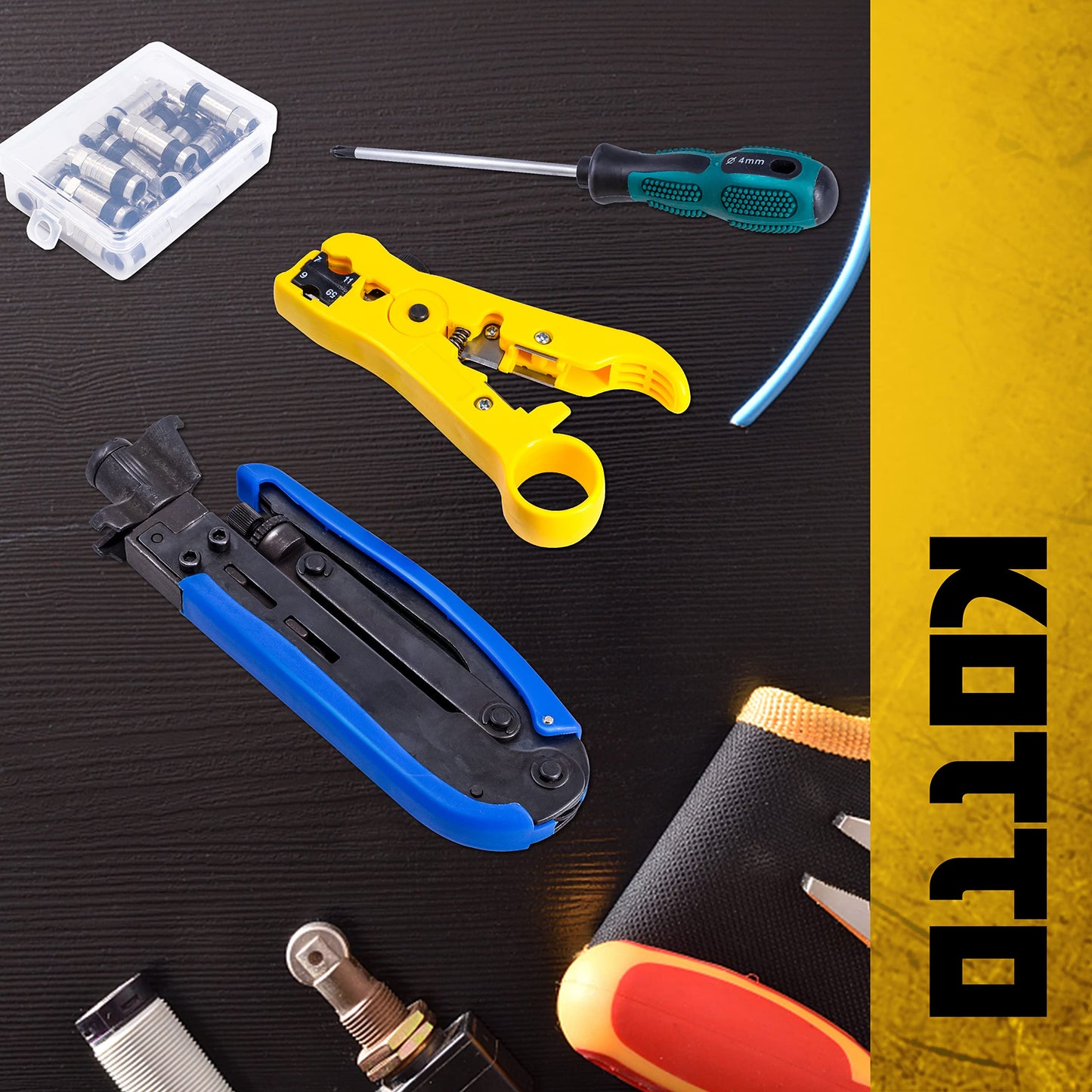 KOTTO Coax Cable Crimper Kit - Adjustable Compression Tool for RG6, RG59, RG11 - Includes Coaxial Cable Stripper and 20 F Compression Connectors