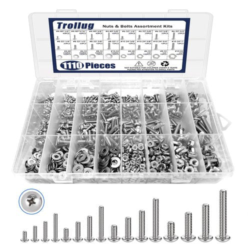 1110PCS Nuts and Bolts Assortment Kit, Stainless Steel Hardware Assortment Kit with Assorted Screws, Nuts, Bolts and Washers（#4-40#6-32#8-32#10-24）