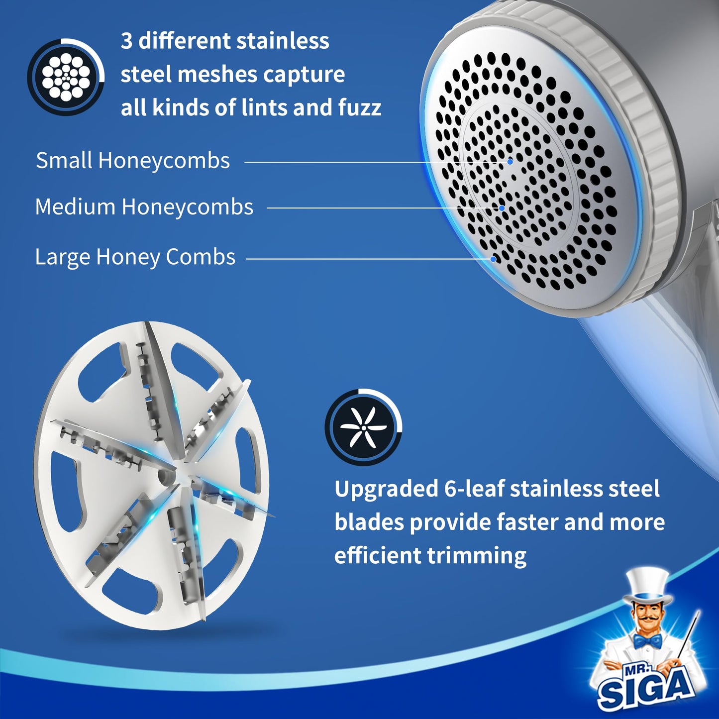 MR.SIGA Fabric Shaver and Lint Remover with 2 Speeds, Rechargeable Electric Lint Fuzz Remover with LED Lights and 2 Replaceable 6-Leaf Blades, Cream/Gray