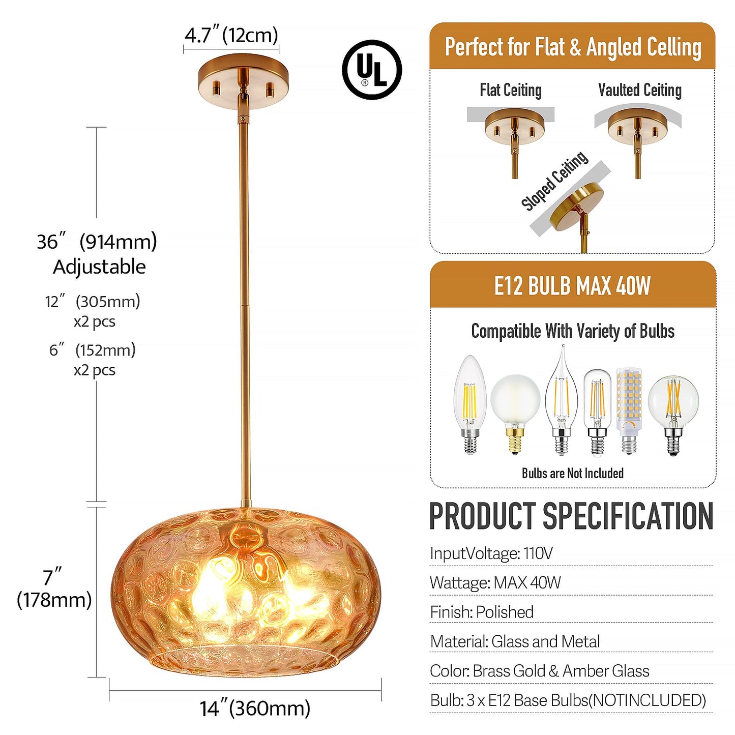 Wrlmfy Large Glass Pendant Lighting, Hammered Lampshade Chandelier with Height Adjustable Hanging Rods, Brass Gold Chandelier for Dining Living Room Kitchen Island (Colorful Deep Amber, 14 Inch)
