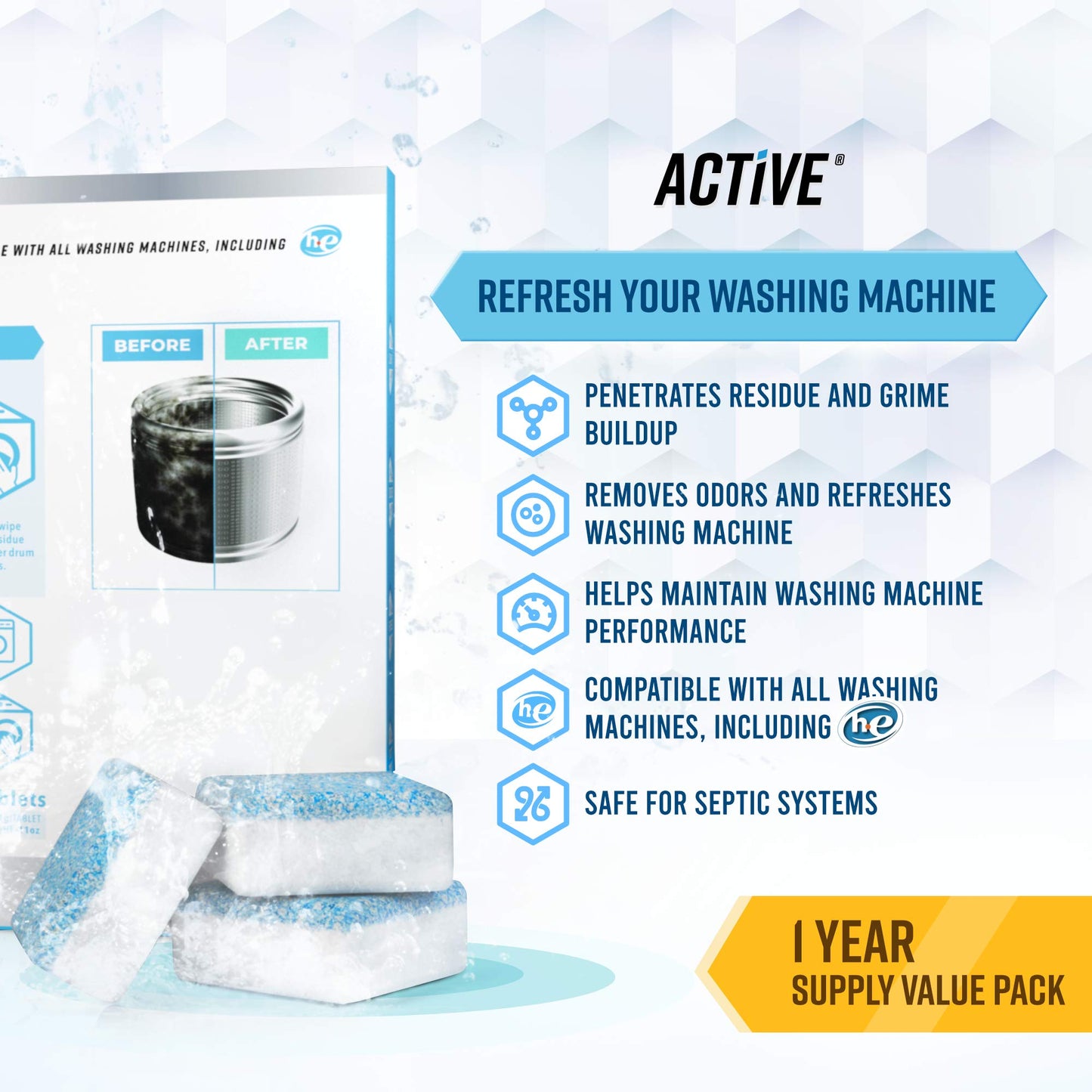 ACTIVE Washing Machine And Dishwasher Cleaning Tablets Bundle - Includes 12 Month Supply Dishwasher Cleaner Deodorizer & Washing Machine Descaler Deep Cleaning Tablets - 48 Tablet Set