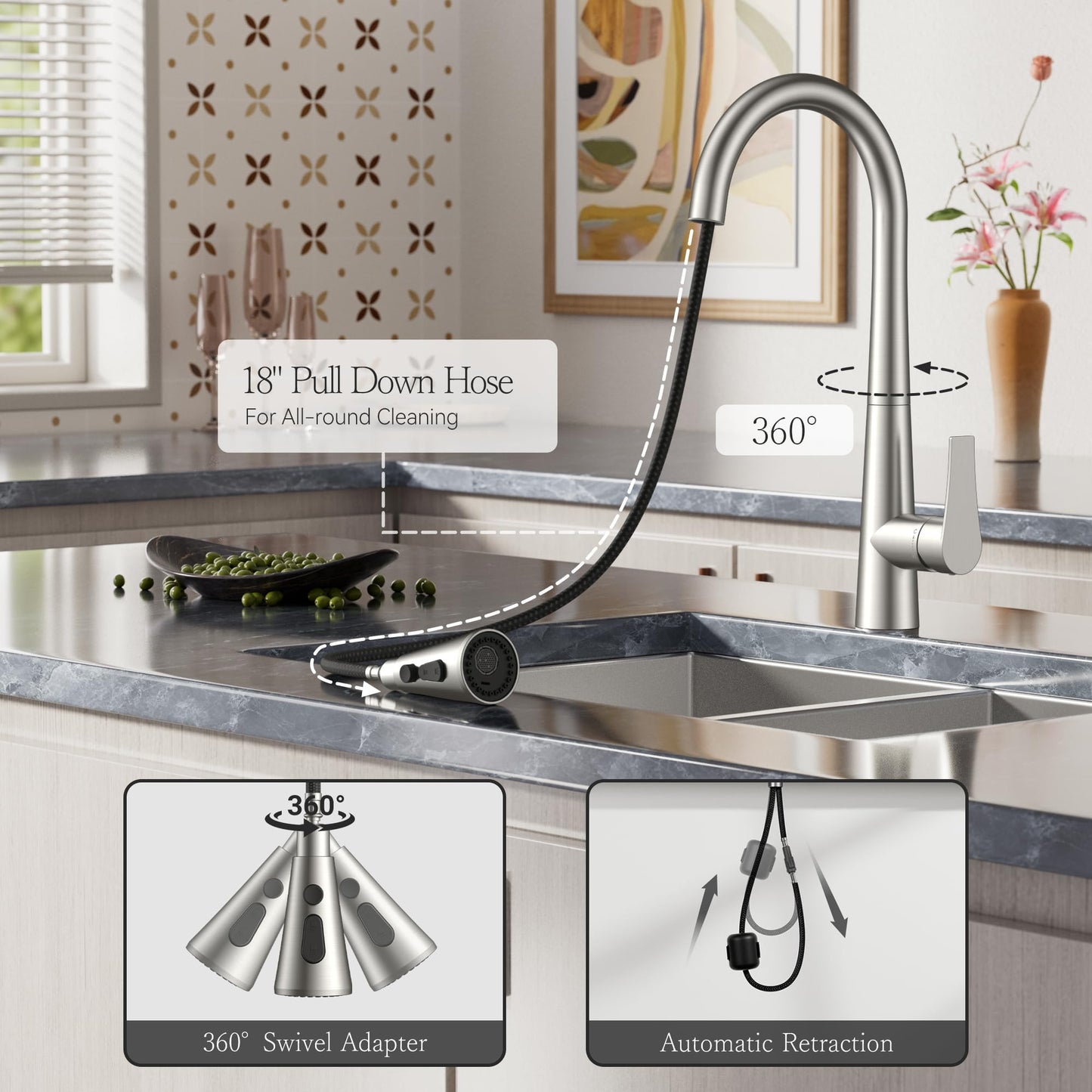 FORIOUS High Kitchen Faucet with Pull Down Sprayer Brushed Nickel, High Arc Stainless Steel Faucet for Kitchen Sink Single Handle 3 Modes with Deck Plate for 1 or 3 Hole, Fit for RV Bar Laundry