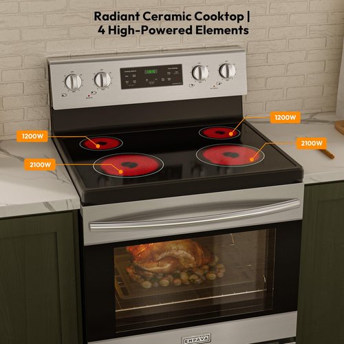 Empava Electric Range, Radiant Ceramic Cooktop with 4.8 Cu. Ft. Oven, 4 Cooking Elements, Steam Cleaning, Freestanding & Slide-in Stove in Stainless Steel,30 Inch, 240V(Power Cord Not Included)