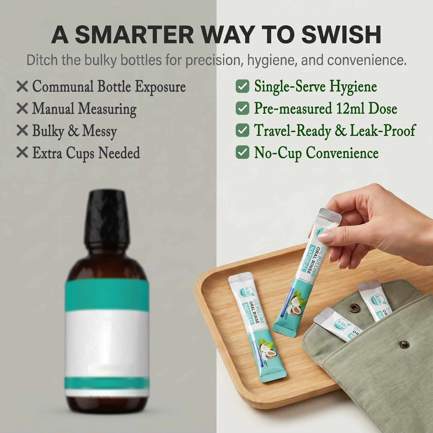M-MW Coconut Oil Pulling Mouthwash for Fresh Breath (20 Travel Sachets)
