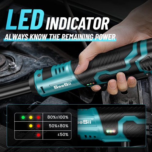 Seesii 3/8" Extended Cordless Electric Ratchet Wrench, 40 Ft-lbs, 6" Long Neck, Quick Release, 220RPM, 2.0Ah Battery & Fast Charger, 7 Sockets, for Car, DIY, Mechanic Repairs