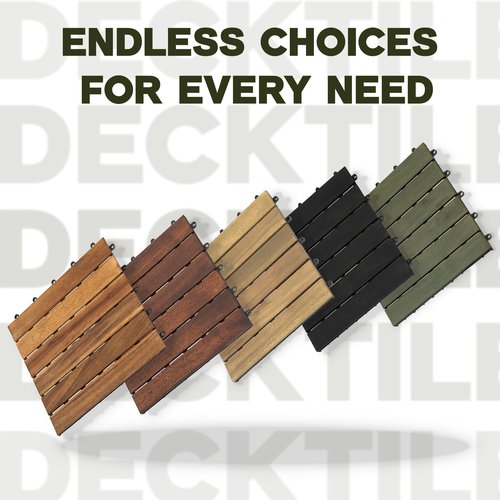 VICTORY RELAX Acacia Wood Patio Deck Tiles - 9 Pcs 6 Slats Interlocking Decking Tiles for Patio Decor, Waterproof Indoor & Outdoor Use, Balcony Garden Decking Tile (11.8 * 11.8 * 0.9 inches) Brown