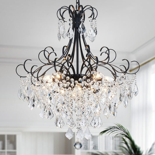 WUZUPS Crystal Chandelier 10-Light Pendant Ceiling Light Modern Lighting Fixture for Dining Room Hallway Bedroom Kitchen Bathroom, H 27.6" x W 22.8", E12 Base, Black
