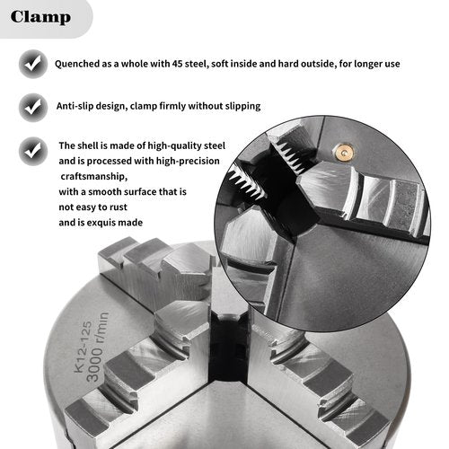 RATTMMOTOR 5" 4-Jaw K12-125mm Self-Centering Lathe Linkage Chuck 3000R/Min 100N.m 17KN, Precision Machining Center Wood Metal Lathe Chuck 30mm Through-Hole for CNC Router Engraver Milling Machine