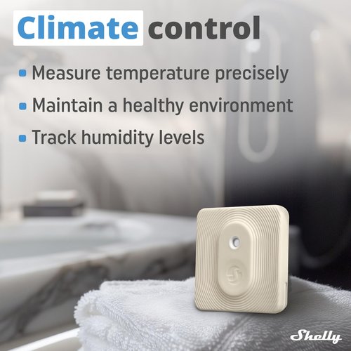 Shelly Blu H&T Ivory | Bluetooth Smart Temperature & Humidity Sensor with Remote App Control & Monitoring | Splash and dust-Proof | Smart Scenes | Notification Alerts | Free Data Storage Export