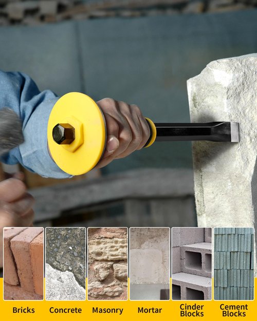 Rock Chisel Set, Firecore 3PCS Masonry Chisel with Hand Guard, Heavy Duty Point Flat Cold Chisel for Concrete Stone Brick Rock Tile Mortar Breaking Demolishing Carving Splitting Cutting Mason Tools