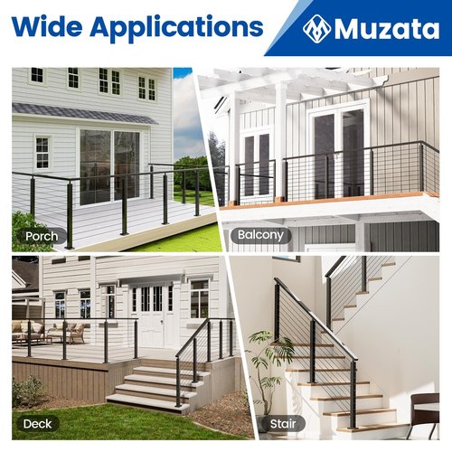 Muzata 10-15FT Modular Black Cable Railing Kit 36 Inch 3 Stair Post Kit Complete Set Cable Railing System for Stairs Length Adjustable Easy DIY with Paper User Guide (No Handrail) RWS1 BA4S