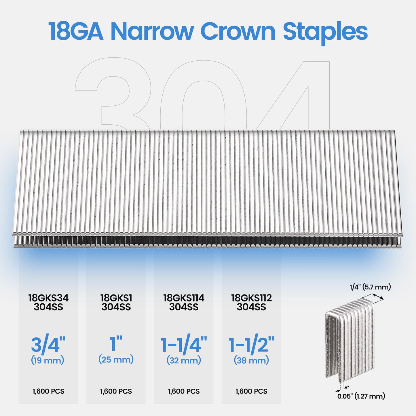 meite 18 Gauge 1/4-Inch Narrow Crown Staples, 1" Length 304 Stainless Steel Staples for Heavy Duty and Upholstery (1,600 Counts)