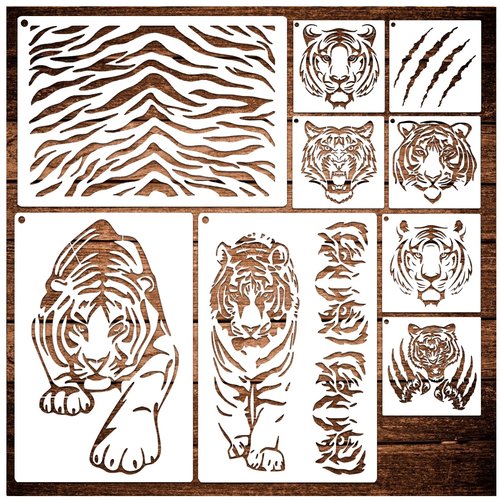 Yhslmh Tiger Stencils for Painting - Reusable Animal Print Stencils Plastic Template for Painting on Wood, Burning Art, Craft, Wall, Home Sign Decor, Fabric, Canvas (9 Tiger)