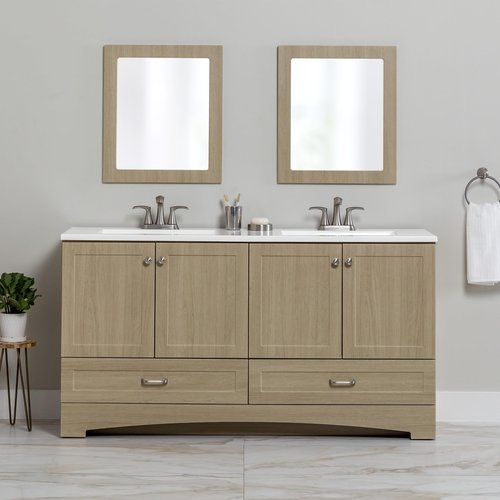 Spring Mill Cabinets Emlyn 60 Inch Double-Sink Bathroom Vanity with White Top, 2 Cabinets, 2 Drawers, 60.5" W x 18.75" D x 32.89", Sandy Oak