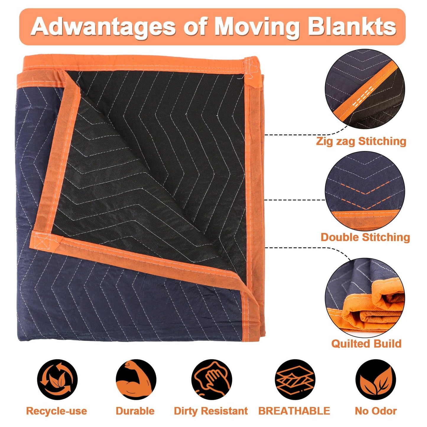 YMTLJHDSY 6 Moving Blankets 72x40in with 3 Elastic Rubber Band (196in Extendable to 400in) – Durable Quilted Moving Blanket-Heavy Duty Shipping Blankets (Total Weight 13.2 lbs,Black/Blue)