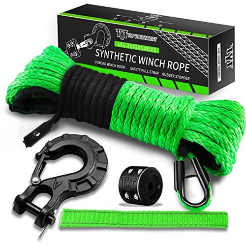 TYT Synthetic Winch Rope Kit - 1/4'' x 50' with 10000 lbs Strength, Protective Sleeve, Heavy Duty Hook, Rubber Stopper, & Safety Pull Strap for Off-Road 4x4 Vehicles (Green) (JPS1450OG)