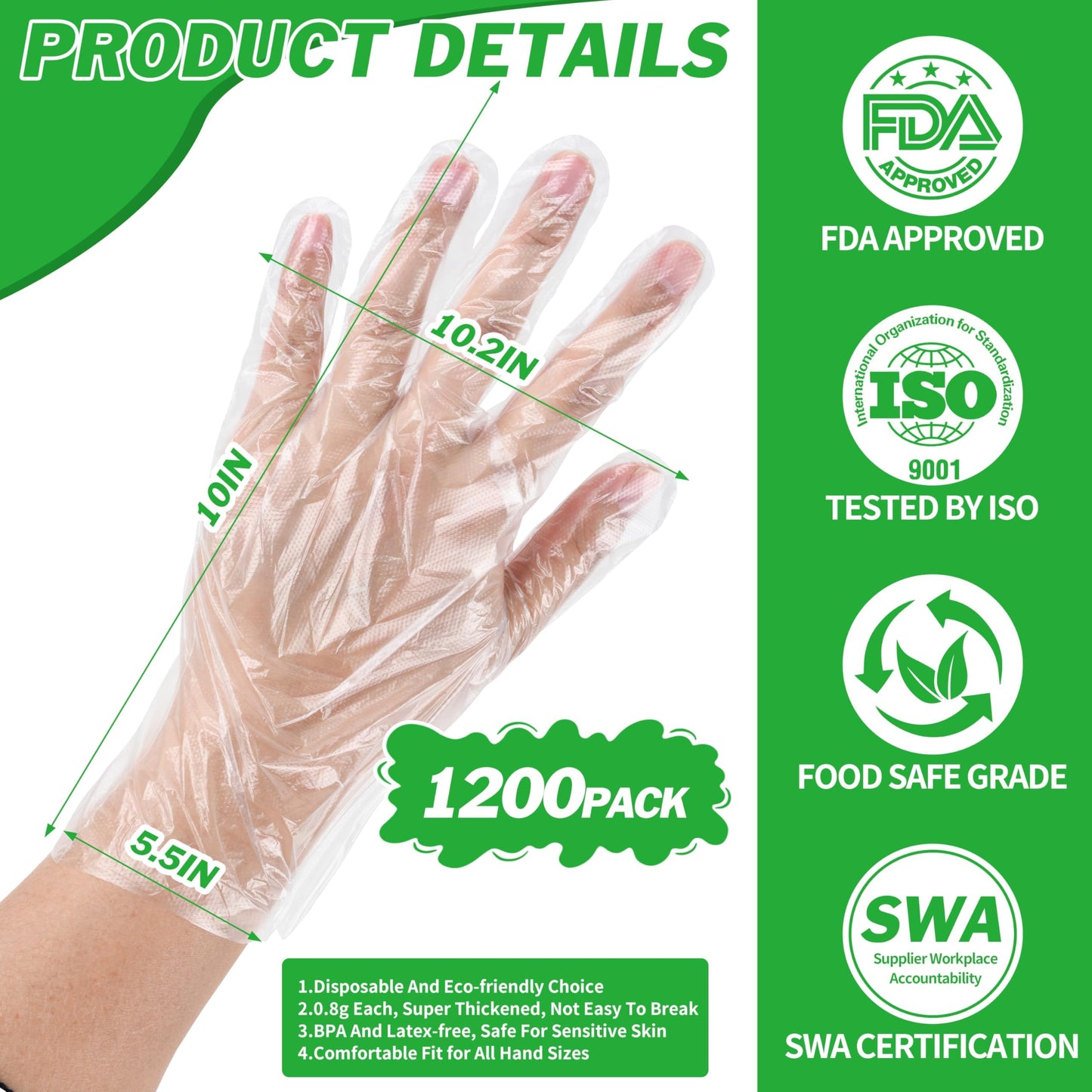BYMORE 1200 Pcs Disposable Plastic Gloves Bulk, Clear Food Handling Service Gloves for Kitchen Food Prep Food Service Food Handling Cooking Cleaning, One Size Fits Most