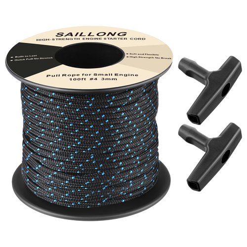 Saillong 100' Starter Rope, Pull Cord Rope for Small Engine with 2 Starter Handle, 3mm Diameter High wear Resistant, Low Stretch, Replacement for Lawn Mower Chainsaw Trimmer Edger Brush Cutter Engine