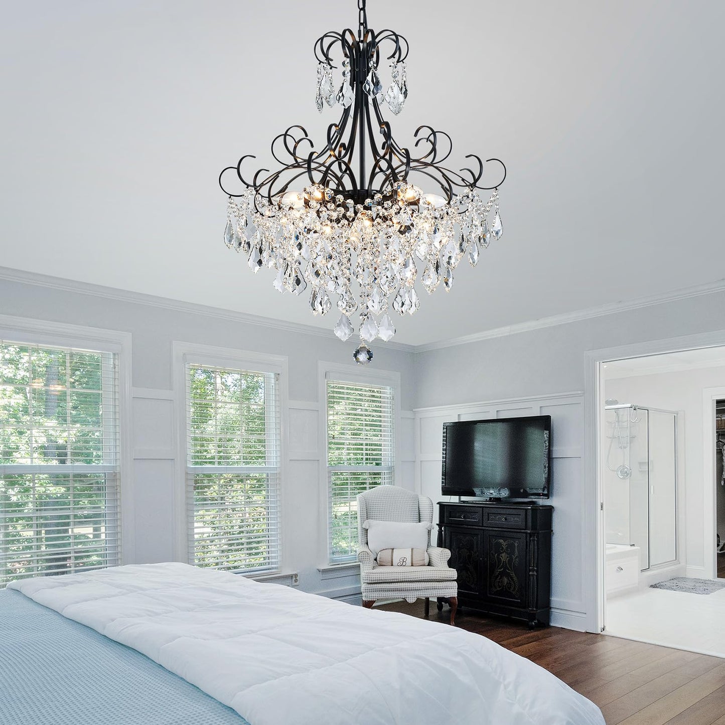 WUZUPS Crystal Chandelier 10-Light Pendant Ceiling Light Modern Lighting Fixture for Dining Room Hallway Bedroom Kitchen Bathroom, H 27.6" x W 22.8", E12 Base, Black