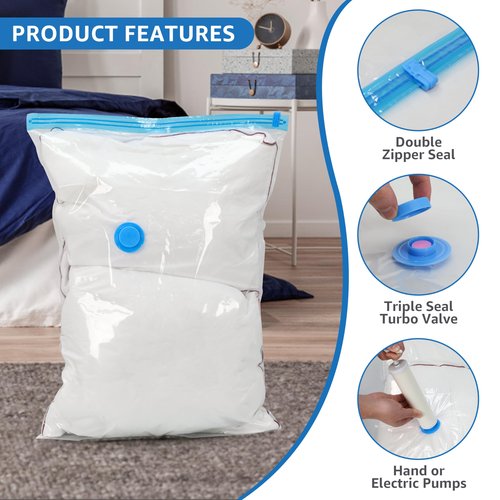12 Jumbo Compression Storage Bags, Vacuum Storage Bags, Space Saver Bags for Comforters, Blankets, Bedding, Pillows and Clothes Storage, Hand Pump Included