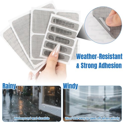 MAQIHAN 16Sheets Window Screen Repair Kit - Black Self-Adhesive Screen Patch Repair Kit, 4 Sizes Patches Mesh Tape for Mesh Screens Door, Window Drain Holes, Strong Adhesion Easy to Use