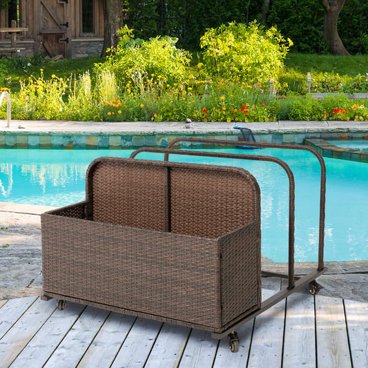 LUCKWIND Poolside Float Storage Organizer, Outdoor Rattan Pool Caddy with Wheels & Basket Holder for Patio, Pool, Garden Sturdy & Movable (Dark Brown)