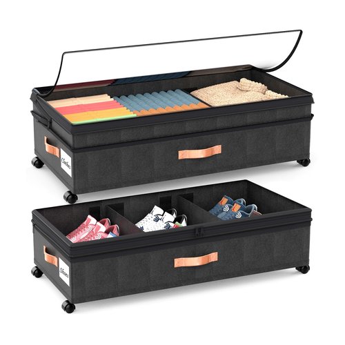 Under Bed Storage with Wheels, 2Pack Expandable UnderBed Storage Containers with Clear Lid & Label, XXL 70L Under The Bed Storage Bins for Clothes, Shoes, Blankets, Books, Toys (Black)