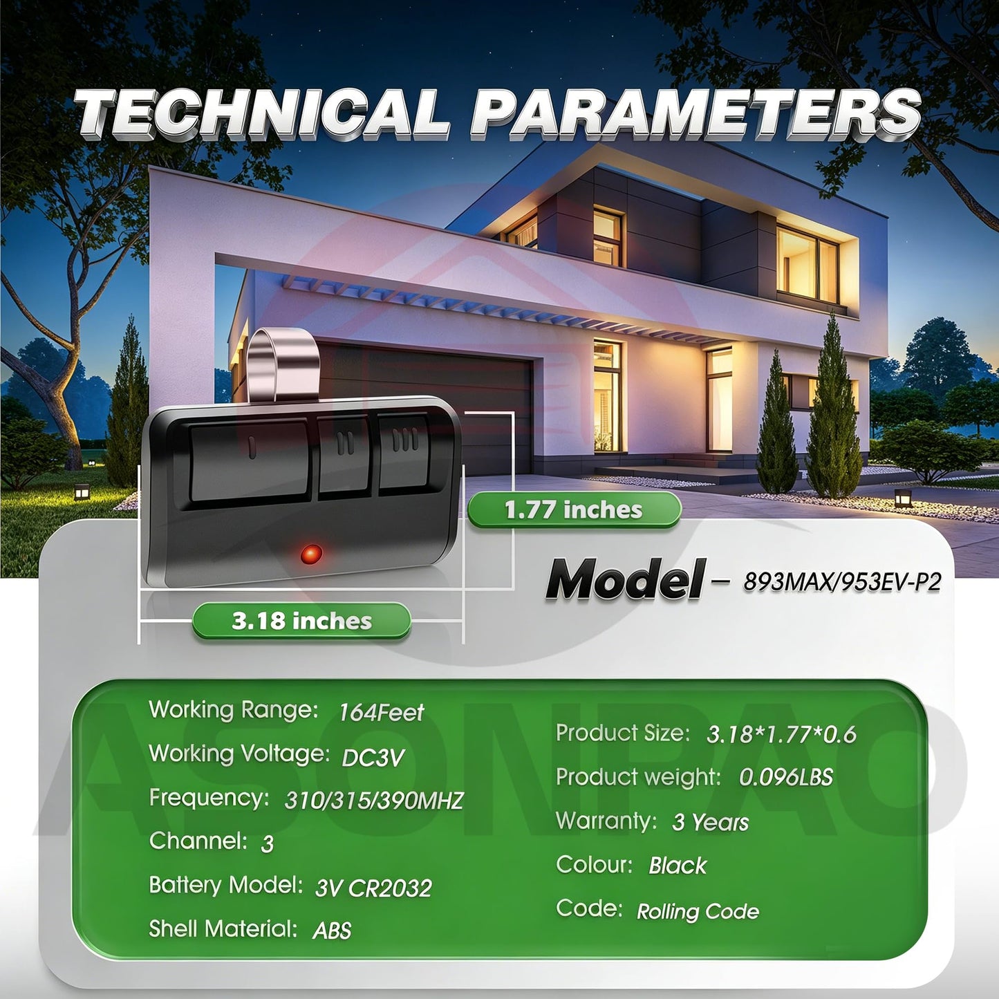 ASONPAO 2-Pack for Chamberlain 953EV-P2 953ESTD Universal Garage Door Opener Remote FCC Certified 3-Year Warranty