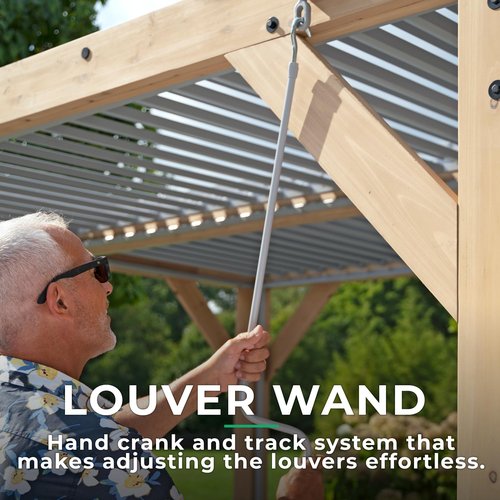Yardistry 10 x 12 Meridian Louvered Room, Wooden Frame with Aluminum Louvered Panels with Gutter System and Hand Crank