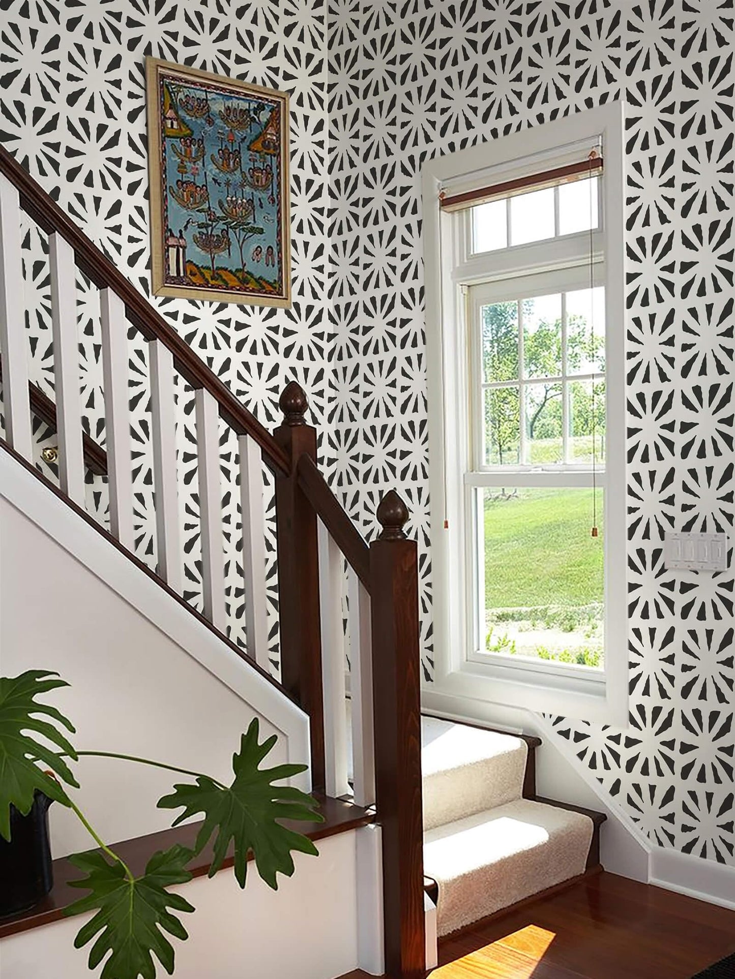 Fiula Boho Peel and Stick Wallpaper Vintage Wallpaper Geometric Wall Paper 393"×17.3" Black and Beige Retro Contact Paper Renter Friendly Self-Adhesive Waterproof Removable Bathroom Bedroom Vinyl