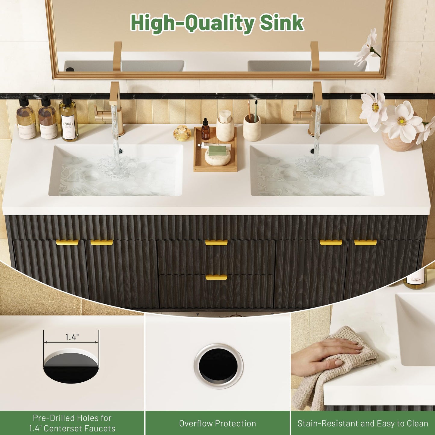 CARPETNAL 60 Inch Bathroom Vanity with Sink, Modern Fluted Large Double Sink Bathroom Vanity with Sink with 2 Storage Cabinets, Adjustable Shelf and 2 Drawers, Black
