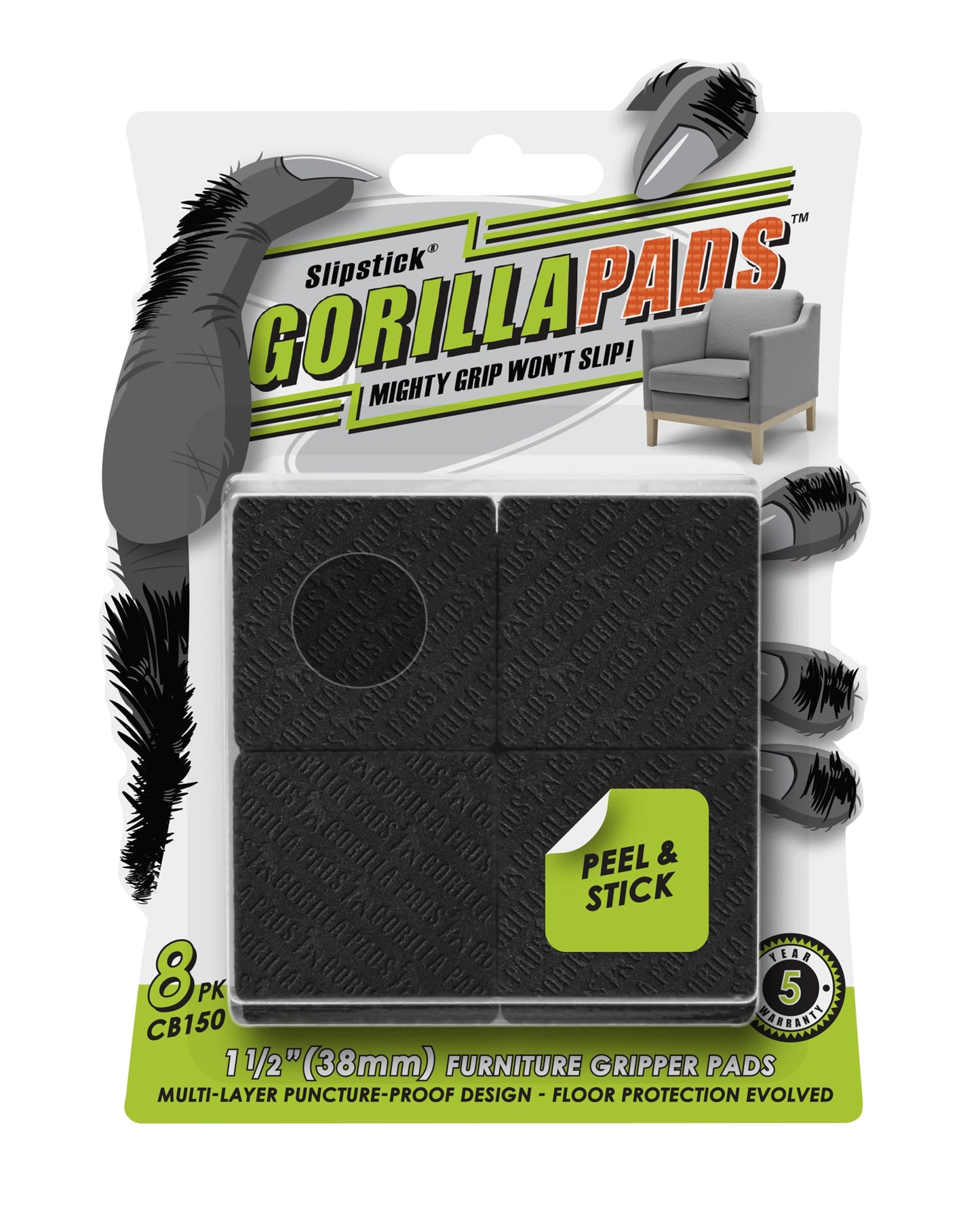 Slipstick GorillaPads CB150 Non Slip Furniture Pads/Rubber Grips (Set of 8) Self Adhesive Furniture Feet Floor Protectors, 1-1/2 inch Square, Black