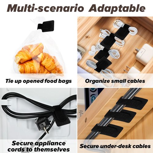 HJZHII 50PCS Hook and Loop Cable Ties, Self Adhesive Hook and Loop Cable Straps Adjustable Cable Management Wire Organizer Adhesive Cord Wrappers Keeper Cord Holder Cord Organizer(Black)